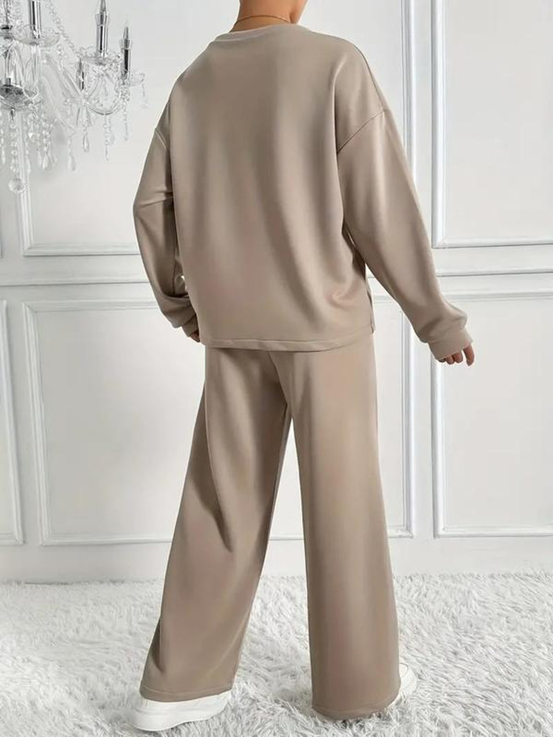 Women'S Sporty Loose-Fit Two-Piece Set, Comfortable Casual for Spring & Fall, Below-The-Ankle Design, Perfect for Daily Wear, Solid Tracksuit Set