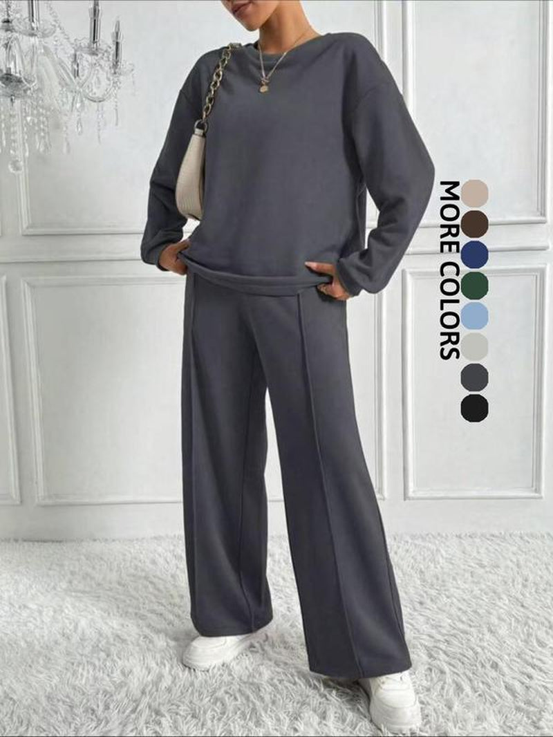 Women'S Sporty Loose-Fit Two-Piece Set, Comfortable Casual for Spring & Fall, Below-The-Ankle Design, Perfect for Daily Wear, Solid Tracksuit Set