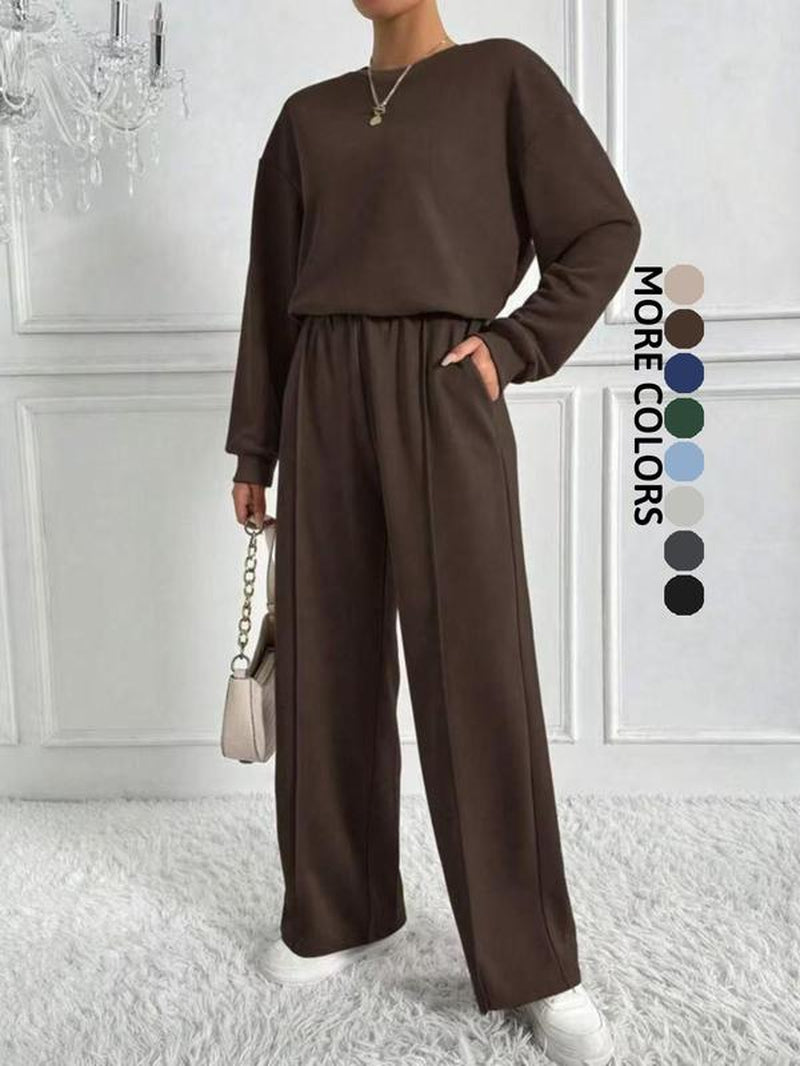 Women'S Sporty Loose-Fit Two-Piece Set, Comfortable Casual for Spring & Fall, Below-The-Ankle Design, Perfect for Daily Wear, Solid Tracksuit Set